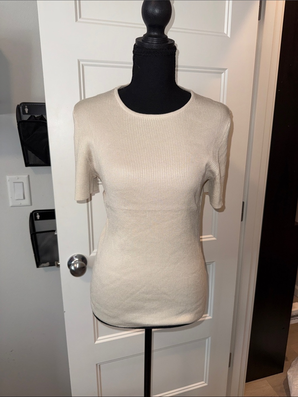 Sampeel Cream Ribbed Short Sleeve Knit Top L